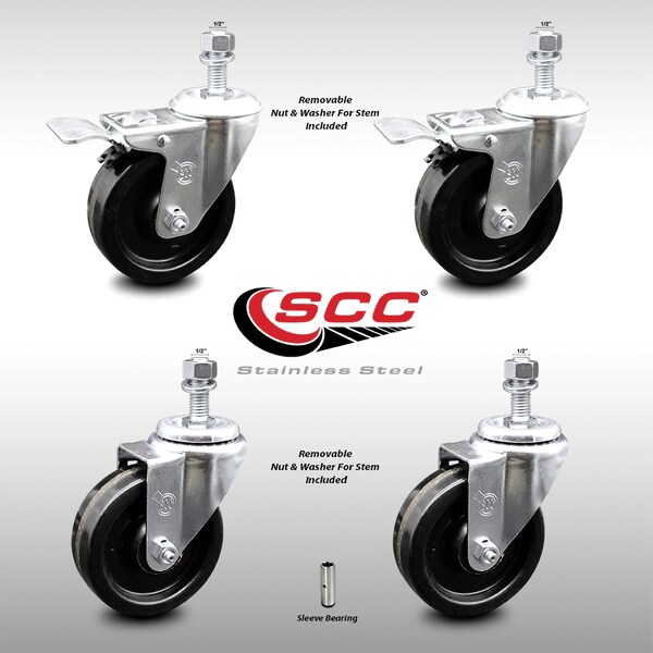 Service Caster 4 Inch SS Phenolic Swivel 1/2 Inch Threaded Stem Caster Total Lock Brake SCC, 2PK SCC-SSTSTTL20S414-PHS-121315-2-S-2 - main